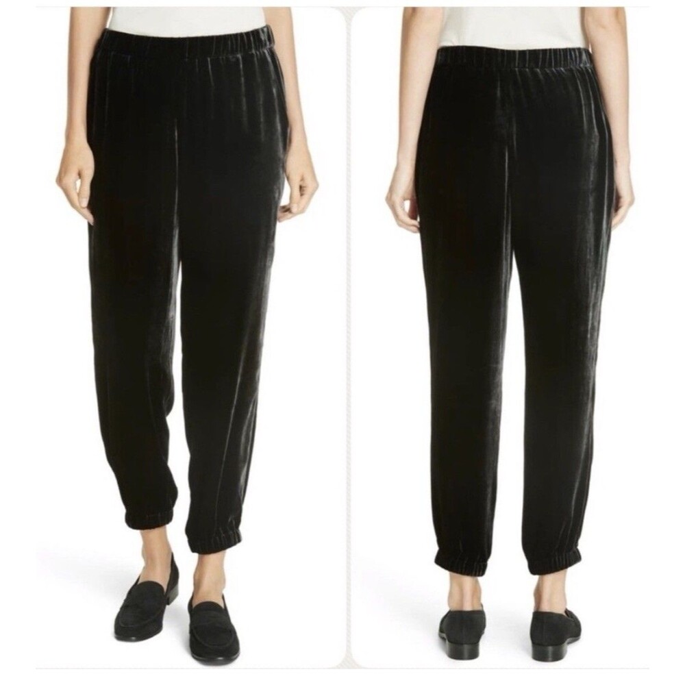 Eileen Fisher Black Velvet Viscose Silk Tapered Ankle Pants Women Sz XS EUC